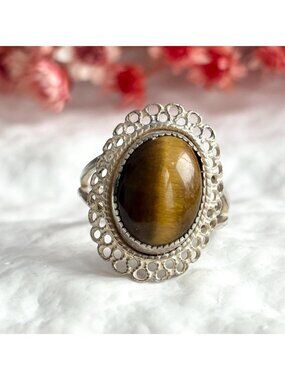 Beau Sterling Natural Tiger's Eye Sterling Silver 925 Vintage Ring - sz 6.5